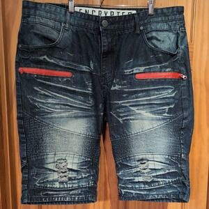 Encrypted Distressed Blue Denim Shorts Men's Size 40 Acid washed Cotton